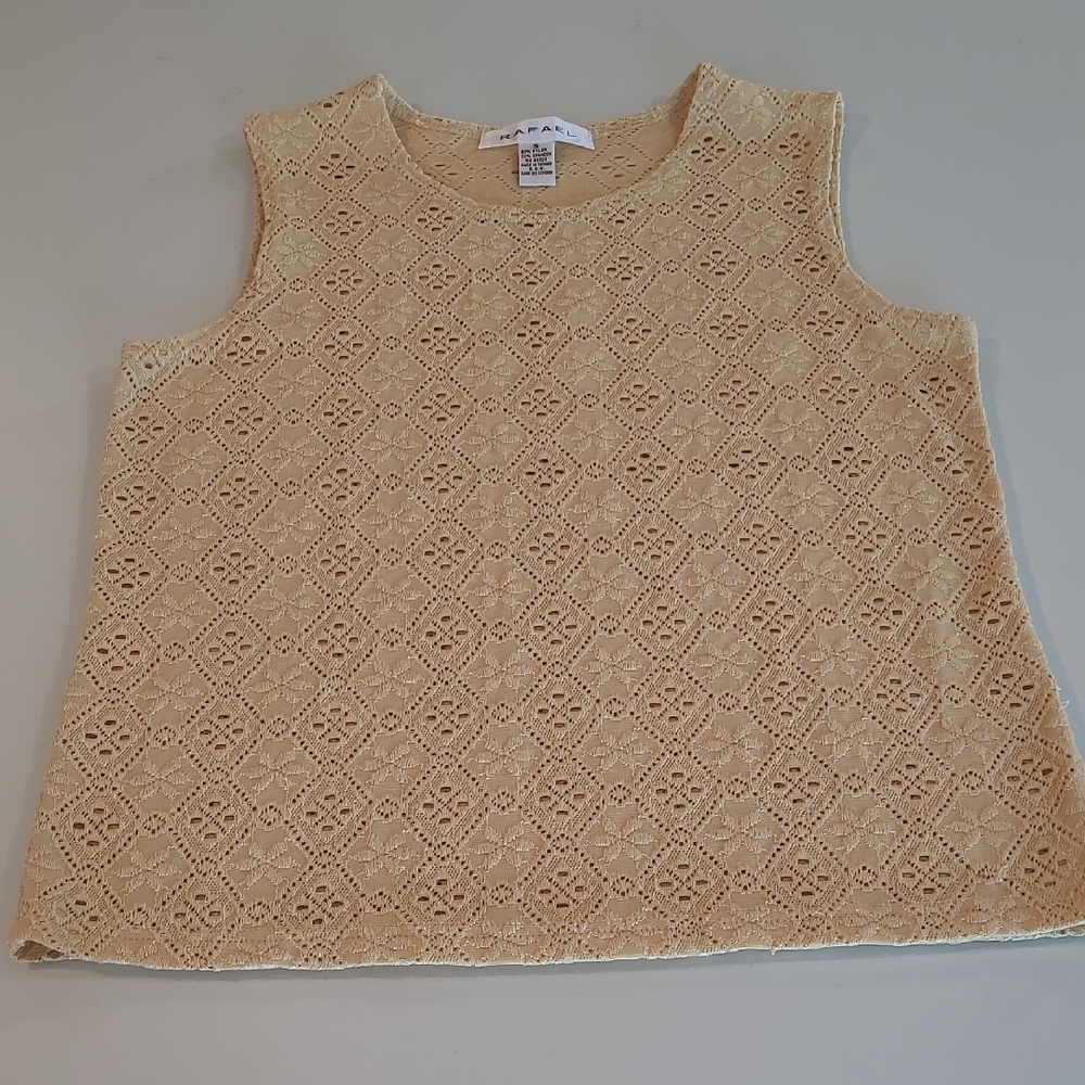 LIKE NEW VTG Rafael Butter Yellow Stretchy Open Eyelet Floral Tank Top Blouse